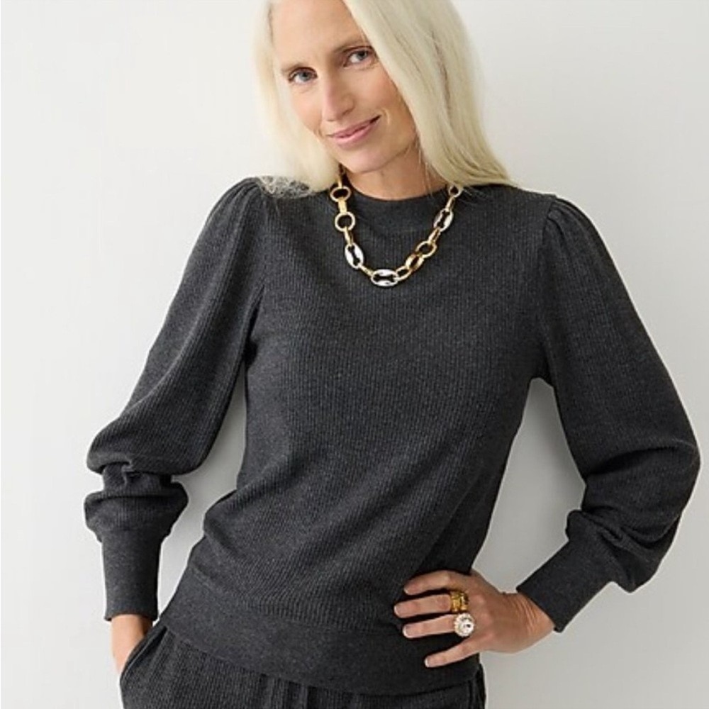 NWT J.Crew Sweater Women's Small S Charcoal Brushed Rib Puff-Sleeve Crewneck $80